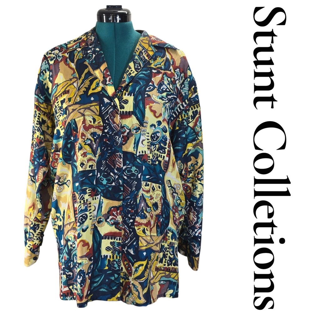 Stunt Collections Shirt Womens Small Multicolor 100% Silk‎ Vintage Abstract Boho